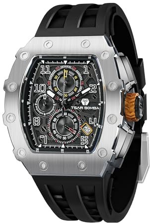 TSAR BOMBA Herren Uhr Tonneau Chronograph 50M Wasserdichter Luxus Skelett Daydate Armbanduhr Stilvolles Cool Tauchen Sport Männer Uhren Japanisches Quarzwerk Saphirglas Geschenk für Männer