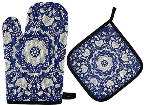 Imitating Chinese Porcelain Paint Floral Flowers on Blue Background Oven Mitts Pot Holders Sets, Potholder Hot Pads Heat Resistant Kitchen Oven Gloves for Cooking Baking Grilling Barbecue