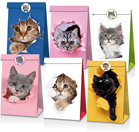 Kleine Papiertüten mit Tiermotiven, Kinder, tragen Lebensmittel, Gastgeschenke, Krafttüten Katze 3D-gedruckte Süßigkeiten-Plätzchen-Buffet-Papiertüten