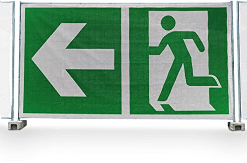 Betriebsausstattung24 Fluchtweg Bauzaunbanner Notausgang links Mesh Gewebe 340,0 x 173,0 cm ASR A1.3 E001 Rettungsweg Schild witterungsbeständig Made in Germany
