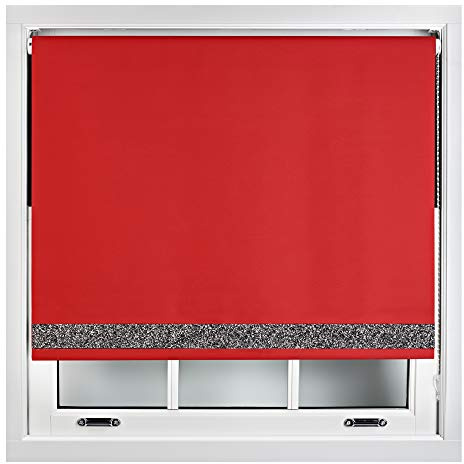 FURNISHED Blackout Roller Blinds With Glitter Edge - Trimmable Thermal UV Protection Fabric Easy Fit Sparkle Glitter Blind for Windows, Red 125W x 210H cm