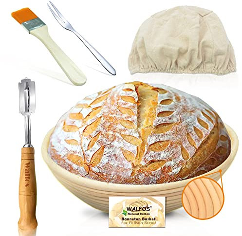 Walfos,Juego de cesta de fermentación redonda de banneton, 100% ratán natural, incluye cuchillo para panadería, cepillo, ideal para panaderos domésticos y profesionales, 23 cm