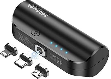 LUCKYDUO Mini Batterie Externe 5000mAh, 3 en 1 Magnétique Chargeur Portable Compact de, Petite Magnétique sans Fil Power Bank avec iPhone/USB C/Micro USB A/Compatible avec iPhone/Samsung/Huawei
