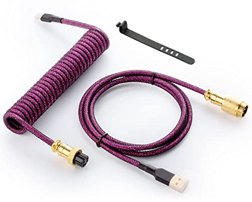 GUNMJO Starlight Coiled USB C Keyboard Cable for Gaming Keyboard, Double-Sleeved Mechanical Keyboard Cable with Detachable Metal Aviator, 1.5M USB-C to USB-A, Purple Color with Gold Aviator Connector