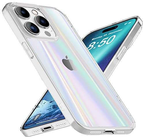NALIA Klares Hartglas Case kompatibel mit iPhone 14 Pro Hülle, Transparent Regenbogen Effekt Anti-Gelb Kratzfest Tempered Glass & Silikon Bumper, Holografisch Bunt Glänzende Handyhülle Durchsichtig