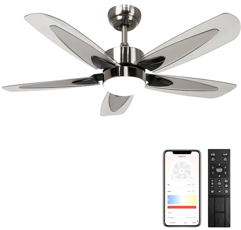 Flybull - Ventilador de techo con luz LED y mando a distancia, moderno ventilador de techo para interiores y exteriores de 42 pulgadas para porche, patio, 3 colores regulables, 6 velocidades,