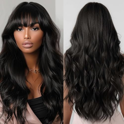 Allebll Perücke Damen Lange Gewellte Schwarze Perücken mit Air Bangs für Frauen Afro natürlich aussehendes hitzebeständiges Kunsthaar