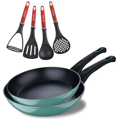 BERGNER Classique 2er Set Bratpfannen 20 und 26 cm + Utensilienset | aus geschmiedetem Aluminium | Antihaftpfannen und widerstandsfähige Utensilien | für alle Herdarten geeignet | grün