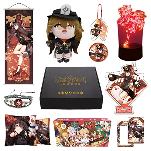 349Pcs Genshin Impact Box Hu Tao Merch Set mit 12 Arten von Genshin Merch, Plüschpuppen, Poster und Nachtlicht, Geschenke Sammlerstücke für Fans (Hu Tao)