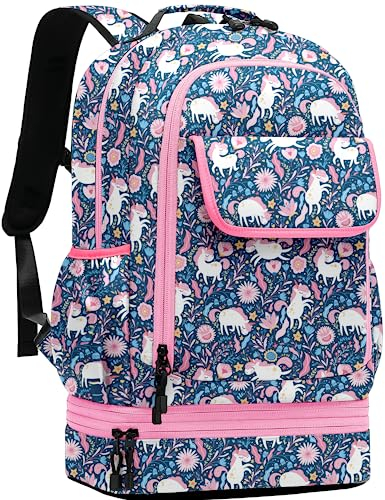 Leaper Cute Unicorn School Backpack Water-resistant Double Deck Insulated Lunch Bag Satchel Dark Blue