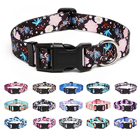 Suredoo Collier pour Chien, Motif Tendance avec Boucle à dégagement Rapide, Collier Classique en Nylon Réglable pour Petits, Moyens et Grands Chiens (L, Fleurs Rose Pâle)