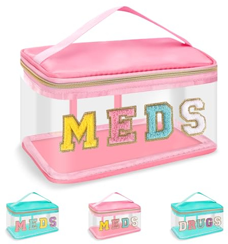 Iqimott Medikamentententasche aus Chenille, transparent, tragbar, Kosmetiktasche, JK-Pink-Meds, 9x5.7x4.9 inches, Modisch