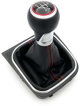 SYNCPARTS 5-Gang Schaltknauf, PU-Leder, Sport-Design, Komplettset für VW Golf 5/6, EOS, Jetta-5/6, Scirocco 3, Schwarz, Rot