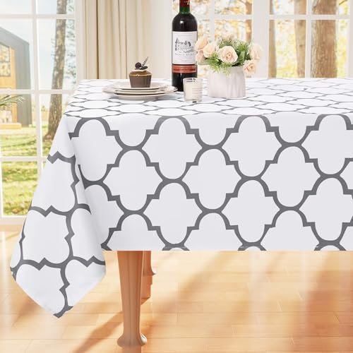 smiry Tischdecke Abwaschbar Rechteckig 140x240cm Tischtuch Polyester Wasserabweisend Lotuseffekt Marokkanisch Tischwäsche Schmutzabweisend Abwischbare Tafeldecke für Outdoor Party Küche,Weiß