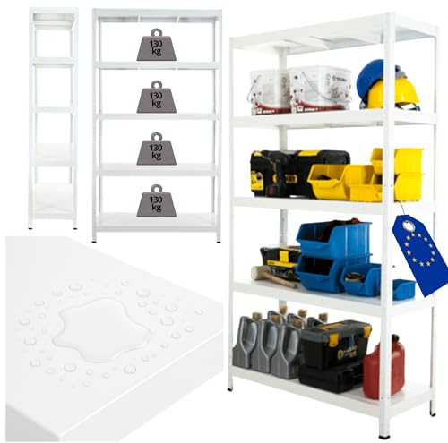 MODO24 Schwerlastregal Metall Elara, 180x100x40 cm, Weiß, 5 Böden je 130 kg Traglast, Lagerregal Stecksystem ohne Schrauben Steckregal Werkstattregal Kellerregal Garagenregal für Lager Küche Büro