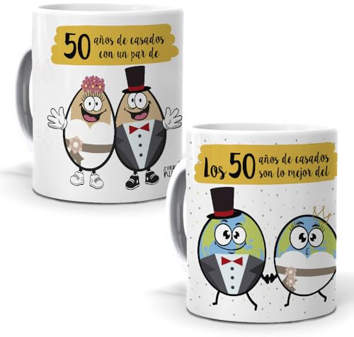 mundohuevo Par de tazas con texto| Frases “50 años de casados son lo mejor del mundo” y “50 años de casados con un par de huevos”| Capacidad 350 ml| Taza de cerámica AAA.