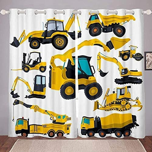 Gardinen Blickdicht Cartoon-Bagger Vorhang Mit Ösen 3D Vorhänge Digitaldruck Polyester Verdunkelungsvorhang Für Schlafzimmer Kinderzimmer Wohnzimmer 2Er Set, 140 (B) X 160 (H) cm
