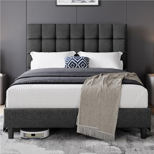 Yaheetech Marco de Cama Doble Acolchado Cuadrado 140×200cm Cabecero Ajustable en Altura con Base de Listones Oscuro Gris