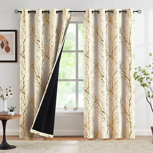 FMFUNCTEX Beige Gold Blickdichte Vorhänge Metallic Zweig Muster Verdunkelungsvorhänge mit Ösen Thermovorhang Hitzeschutz Gardinen für Wohnzimmer Schlafzimmer 2er Set, 245 x 132 cm (H x B)