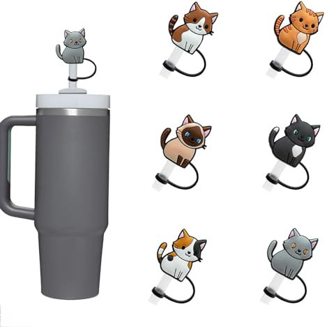 ColisPar 6pcs Cute Cat Silicone Large Straw Tips Cover Protector Plugs for Stanley 40 oz/30 oz Tumblers with Handle