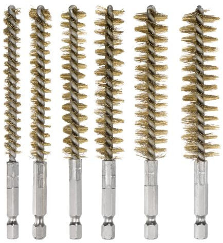 sourcing map 6Pcs Bore Brush Brass 8mm,10mm,12mm,15mm,17mm,19mm Dia Cleaning Twisted Bronze Wire Brush Tube Pipe Cleaner with Handle 1/4 Inch Hex Shank for Tubes, Ports, Bearings