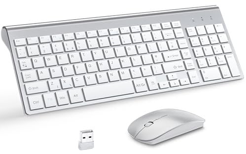 Wireless Keyboard and Mouse with Mouse Pad Ultra Slim Combo, MOOJAY 2.4G USB Quiet Compact Scissor Switch Keyboard Mice Set with Cover, 2 AA and 2 AAA Batteries, for Laptop/PC/Windows - Silver White