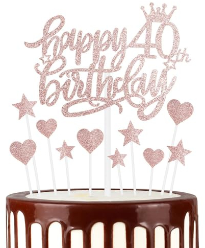 Happy 40th Birthday Cake Toppers, Rose Gold Cake Cupcake Toppers for Cake, Glitter Heart Stars Cake Toppers, Birthday Gift, Personalised Cake Toppers for Women Girls 40th Birthday Cake Decorations