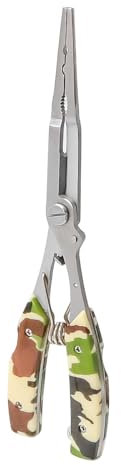 FONGKNOX Stainless Steel Fishing Long-Needle Nose Pliers Hook Remover Tool Bait Line Cutting Multi-Functional Lightweight Pliers with Safety Lock & Bag Easy Carry with Green Camouflage Pattern Handle
