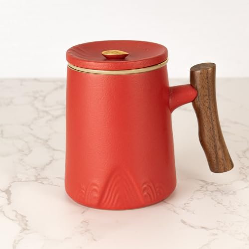 Urban Tokyo Zen Living Tea Cup With Lid and Porcelain Infuser For Loose Leaf Tea Bag Tea Cup 15oz Porcelain Hot Beverage Everyday Use Home Office (Red)