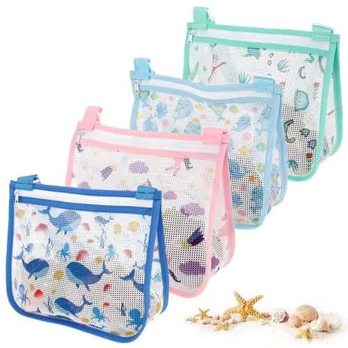 BAODBF Muschel-Sammeltasche, Muschel-Sammeltasche, Kinder-Strandtasche, faltbare Strandtasche zur Aufbewahrung von Spielzeug, Bademode, Sonnenbrille, Blättern, Ostereiern, 4 Stück