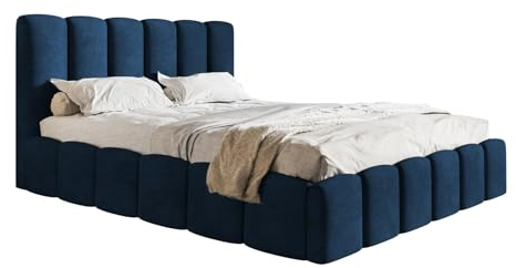 Emporius Doppelbett 140x200 cm Palermo - Hersteller, Design Bett - Polsterbett mit Lattenrost, Kopfteil, Bettkasten - Velvet Stoff (Dunkelblau - Kronos 09)