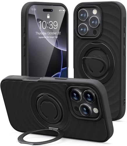 Mowei Compatible with iPhone 16 Pro Case, Magnetic Dual 360° Comfort Ring Grip Holder Stand, Military-Grade Drop Protection with Built in Kickstand, Anti-Slip Edge-Charcoal Black