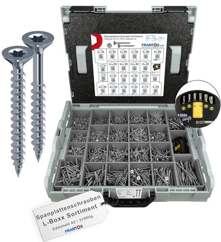 FRANTOS Spanplattenschrauben Sortiment in L-Boxx - Edelstahl A2 I 3.151 tlg. + TX Bit-Sortiment Felo I Holzschrauben Schrauben Torx Schraubensortiment Set
