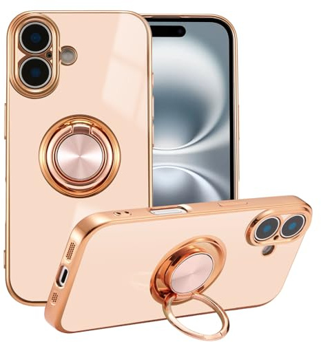 EYZUTAK Electroplated Magnetic Ring Holder Case for iPhone 16, 360 Degree Rotation Metal Anti-fall Finger Ring Kickstand Magnet Car Holder Slim Soft Silicone Shockproof Cover - Light Pink