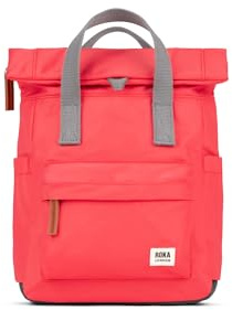 ROKA London Canfield B Small Sustainable Nylon Backpack (Poppy) | Compact roll top backpack with wide zip opening, tablet storage, secret pocket, side pockets and adjustable shoulder straps