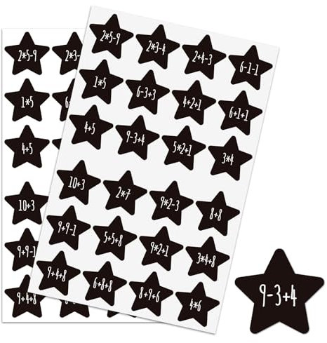 BETESSIN 48 Adventskalender Zahlen Aufkleber Schwarz - Sterne Adventsaufkleber mit Rechenaufgaben -Adventskalender Aufkleber 1-24 - Mathe Rechen Aufkleber für Weihnachten zum Basteln und Verzieren