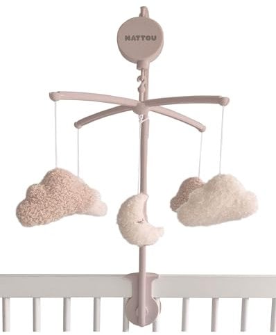 Nattou Mobile mit Spieluhr aus Holz, Mond und Wolken, Sanftes Wiegelied La-Le-Lu, Ca. 65 cm, Teddy, Beige/Weiß