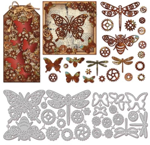 GLOBLELAND Stanzformen Mit Steampunk Getriebeflügeln Metall Schmetterling Biene Libelle Stanz Und Prägevorlage Retro Flügel Papierstanzungen Für Scrapbooking Kartenherstellung Basteln Papierkarten