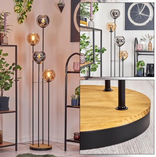 HOFSTEIN Koyoto Lampadaire en métal/bois/verre en noir/marron foncé/fumé/ambre, lampe au design rétro/vintage (abat-jour Ø 15 cm), interrupteur à pied, 147 cm, E14, salon, chambre à coucher