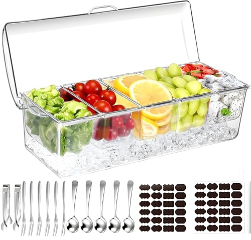 BLIVORRA 𝐋𝐚𝐫𝐠𝐞 Ice Chilled Condiment Server Caddy with 5 Removable Compartments (2.5 Cup), Clear Garnish Tray with Lids – Fruit, Salad, Taco, Bar Platter – Free Stainless Steel Accesories