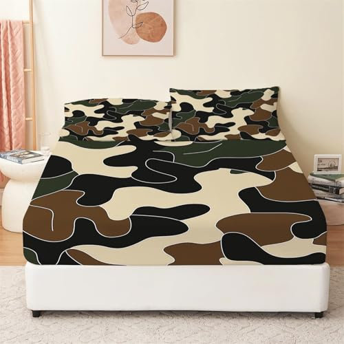 Spannbetttuch Bedruckte Spannbettlaken 90 x 190 cm Weiche Microfaser Spannbettlaken Set Camouflage-Muster Spannbetttuch Grün dunkelgelb Spannbettlaken für bis 30 cm Matraze