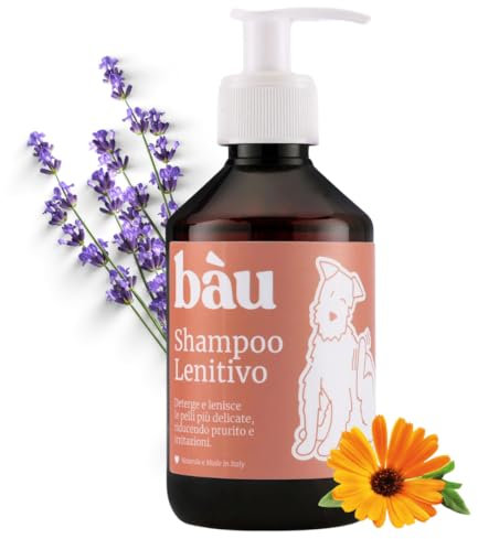 Bau Cosmesi Shampoo Prurito Cane Delicato e Lenitivo, Shampoo per Cani Pelli Sensibili Ipoallergenico, Sollievo da Prurito e Allergie con Camomilla, Calendula e Lavanda, Ideale Shampo Cuccioli -250ml