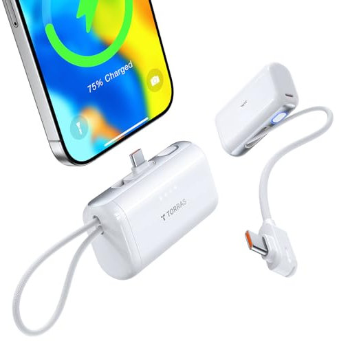 TORRAS Mini Powerbank 5000mAh, 22.5W PD3.0 Schnellladen Power Bank Klein mit integriertem USB-C Kabel, Kompatibel für iPhone 16/15 Serie, Samsung, Google, iPad Pro/Air, AirPods-Perlweiß