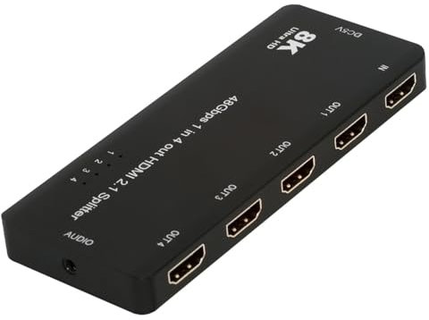 Cablecc 4-Port 8K@60Hz 4K@120Hz HDMI 2.1 Splitter Verteilt 1 IN/Signal auf 4 Out/Bildschirme, unterstützt HDCP-Stapelverbindung mit 3,5-mm-Audio für PS5