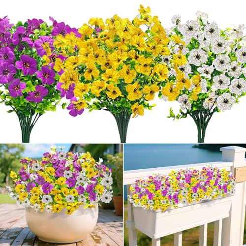 Artificial Flowers Outdoor 189 Fake Flowers, 9 Bundles UV Resistant Plastic Faux Silk Flowers Bouquet, Decorative Artificial Flowers Plants for Garden Porch Window Front Door Indoor Home Decoration
