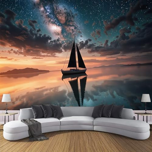 Papier Peint Panoramique Scène La Voie Lactée L'Univers 400×280 Cm (W×H) - Décoration Papier Peint Intissé Moderne – Tapisserie Murale Tableaux Muraux Pour Chambre Salon - Lever Soleil Sur L'Océan