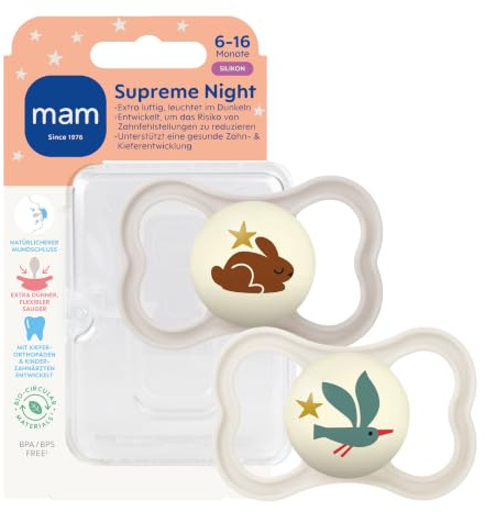 MAM Supreme Night Schnuller | 6-16 Monate | leuchtende Baby Schnuller | 94% Akzeptanz | beugt Zahnfehlstellungen vor | besonders hautfreundlich | SkinSoft Silikon | Hase/Vogel | 2 Stück