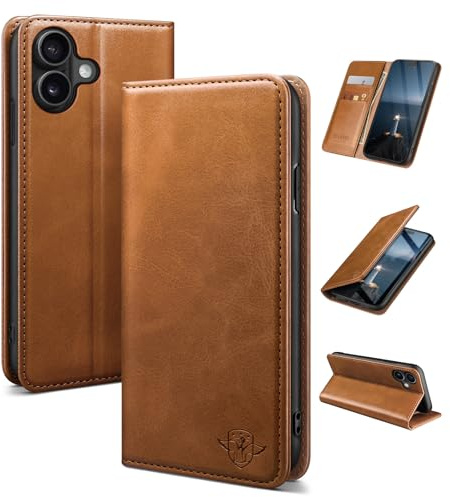 SUANDUCK for iPhone 17 6.3 phone case magnetic leather flip case with RFID-blocking card compartment, adjustable stand and 360° drop protection with Apple 17 Light Brown