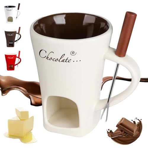 Chocolate Fondue Mug with Forks, Chocolate Melting Cup, Fondue Cup, Multi-Purpose Butter Warmer with Fondue Fork, Fondue Heated with a Tealight, Warmer Mug for Candy Snack Caramel Party (A)