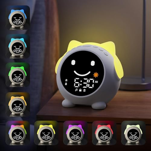 JAHUYU Kids Alarm Clock with Sleep Training, LED Night Light, Bluetooth Music, Multi-Color Display, Sound Machine, OK to Wake Light for Toddlers and Children